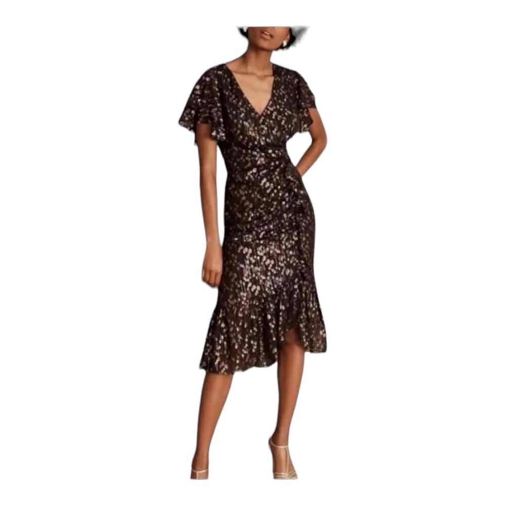 Mestiza Black Multicolored Metallic Silk Ruffled Wrap Party Dress Size 10 New